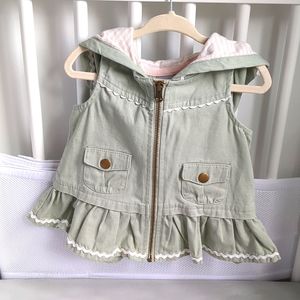 Tahari Spring Green Denim Zip Vest Pink Striped Hood Sz 24M